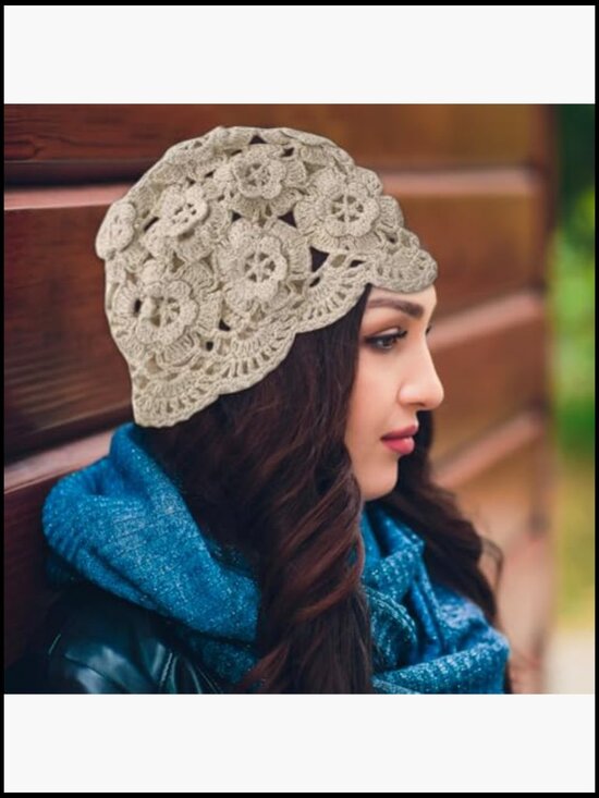 5 Crochet Slouchy Beanie Hats Handmade Knit Floral Skull Cap Lightweight Cotton main image 5